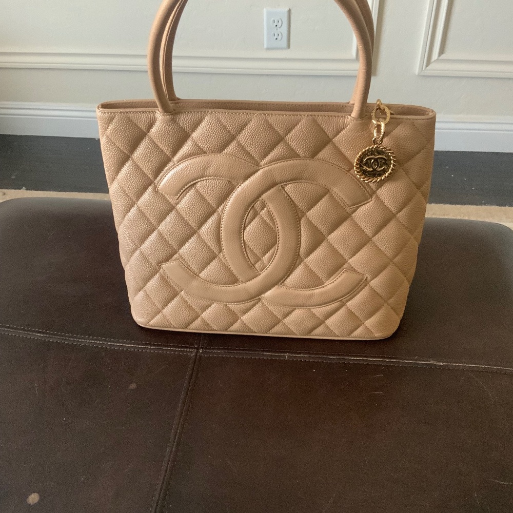 Chanel Caviar Quilted Medallion Tote Beige